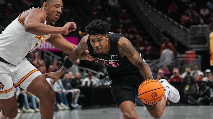 Bearcats Dillon Mitchell (23) takes the ball down the court during Game 2 of the 2025 Phillips 66 Big 12 Basketball Championship against the Iowa State Cyclones at the T-Mobile Center in Kansas City, Missouri on Wednesday March 12, 2025. Cyclones won the game with a final score of 76-56.