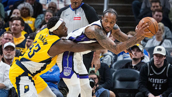 Mar 31, 2025; Indianapolis, Indiana, USA; Sacramento Kings forward DeMar DeRozan (10) holds the ball while Indiana Pacers forward Pascal Siakam (43) defends in the first half at Gainbridge Fieldhouse. Mandatory Credit: Trevor Ruszkowski-Imagn Images Mar 31, 2025; Indianapolis, Indiana, USA; Sacramento Kings forward DeMar DeRozan (10) holds the ball while Indiana Pacers forward Pascal Siakam (43) defends in the first half at Gainbridge Fieldhouse. Mandatory Credit: Trevor Ruszkowski-Imagn Images