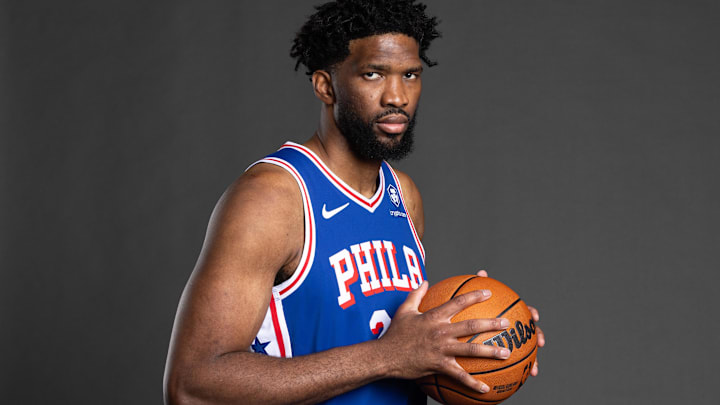Philadelphia 76ers center Joel Embiid (21) poses for a photo on media day at the Philadelphia 76ers Training Complex.