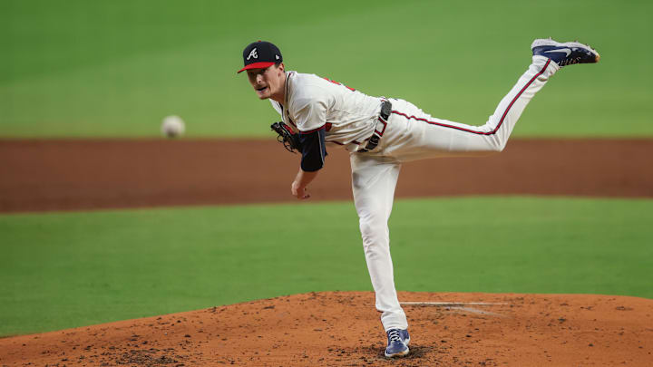Sep 16, 2024; Atlanta, Georgia, USA; Atlanta Braves starting pitcher Max Fried (54) throws against the Los Angeles Dodgers in the third inning at Truist Park. 