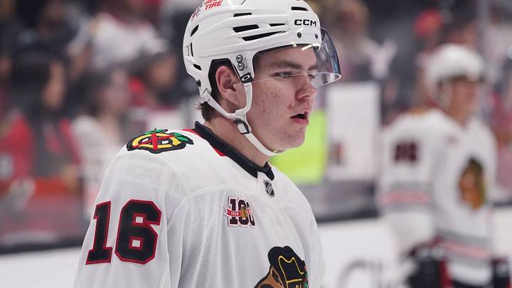 Apr 6, 2026; San Jose, California, USA;  Chicago Blackhawks center Anton Frondell (16) warms up before the game against the San Jose Sharks at SAP Center at San Jose. Mandatory Credit: David Gonzales-Imagn Images