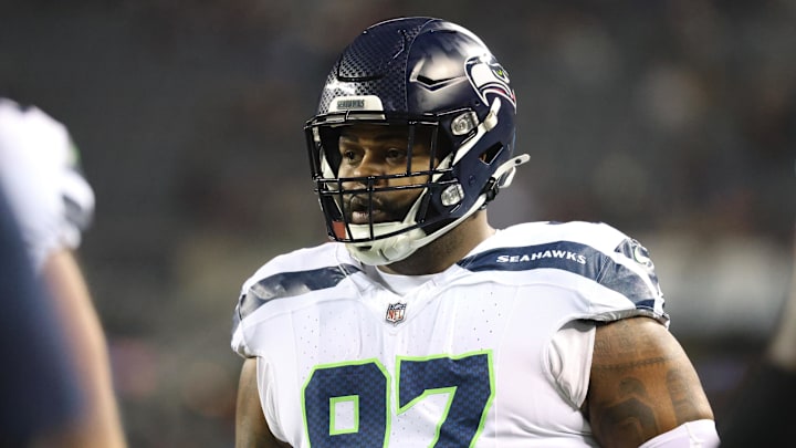Dec 26, 2024; Chicago, Illinois, USA; Seattle Seahawks defensive tackle Johnathan Hankins (97) warms up before a game against the Chicago Bears at Soldier Field.