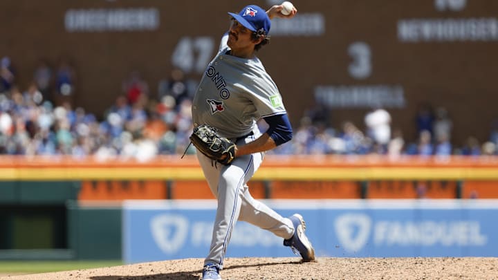Toronto Blue Jays pitcher Jordan Romano pitches during the eighth inning of the game against the Detroit Tigers. 