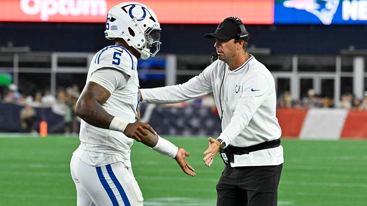 Aug 13, 2026; Foxborough, Massachusetts, USA; Indianapolis Colts head coach Shane Steichen celebrates quarterback Anthony Richardson Sr. (5) for making a touchdown against the New England Patriots during the first half at Gillette Stadium. Mandatory Credit: Eric Canha-Imagn Images Aug 13, 2026; Foxborough, Massachusetts, USA; Indianapolis Colts head coach Shane Steichen celebrates quarterback Anthony Richardson Sr. (5) for making a touchdown against the New England Patriots during the first half at Gillette Stadium. Mandatory Credit: Eric Canha-Imagn Images