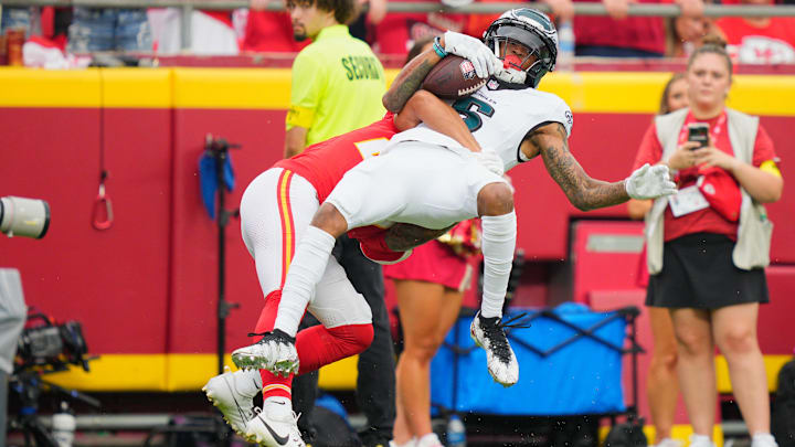 Sep 14, 2025; Kansas City, Missouri, USA; Kansas City Chiefs cornerback Trent McDuffie (22) tackles Philadelphia Eagles wide receiver DeVonta Smith (6) after a reception during the fourth quarter of the game at GEHA Field at Arrowhead Stadium. Mandatory Credit: Jay Biggerstaff-Imagn Images Sep 14, 2025; Kansas City, Missouri, USA; Kansas City Chiefs cornerback Trent McDuffie (22) tackles Philadelphia Eagles wide receiver DeVonta Smith (6) after a reception during the fourth quarter of the game at GEHA Field at Arrowhead Stadium. Mandatory Credit: Jay Biggerstaff-Imagn Images