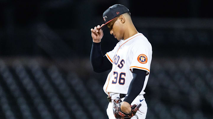 Nov 9, 2025; Mesa, AZ, USA; Houston Astros pitcher Anderson Brito reacts during the Arizona Fall League Fall Stars Game at Sloan Park. Mandatory Credit: Mark J. Rebilas-Imagn Images Nov 9, 2025; Mesa, AZ, USA; Houston Astros pitcher Anderson Brito reacts during the Arizona Fall League Fall Stars Game at Sloan Park. Mandatory Credit: Mark J. Rebilas-Imagn Images