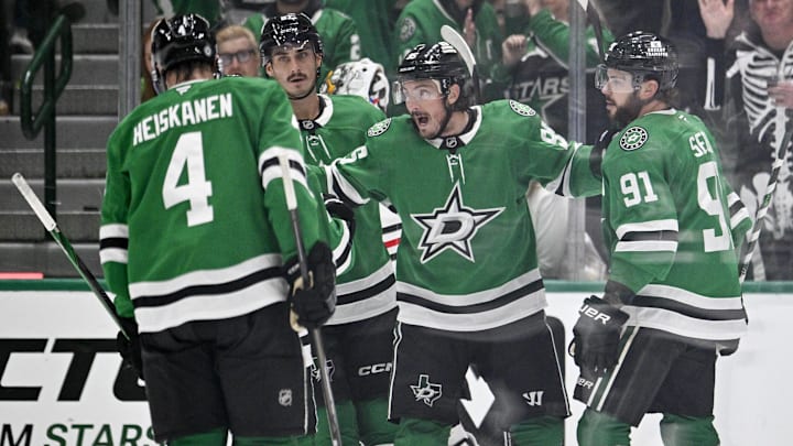 Oct 26, 2024; Dallas, Texas, USA; Dallas Stars defenseman Miro Heiskanen (4) and left wing Mason Marchment (27) and center Matt Duchene (95) and center Tyler Seguin (91) celebrates a goal scored by Duchene against the Chicago Blackhawks during the third period at the American Airlines Center. Mandatory Credit: Jerome Miron-Imagn Images
