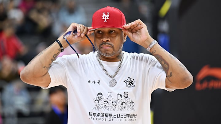 American former basketball player Allen Iverson attends a basketball star game on November 12, 2023. American former basketball player Allen Iverson attends a basketball star game on November 12, 2023.