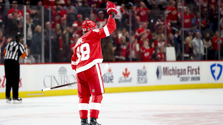 Feb 22, 2024; Detroit, Michigan, USA;  Detroit Red Wings right wing Patrick Kane (88) celebrates