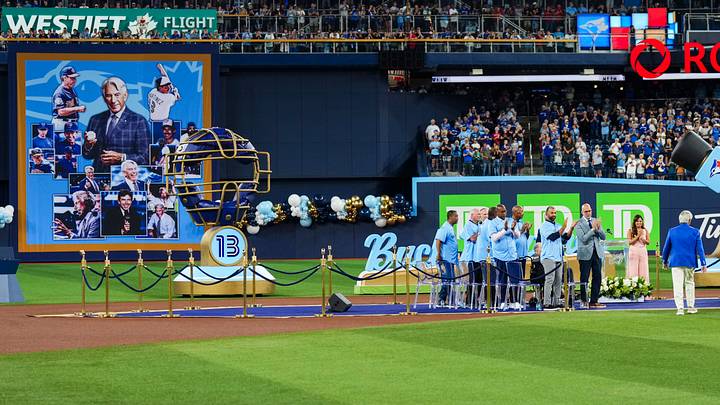 Aug 29, 2026; Toronto, Ontario, CAN;  Buck Martinez walks to the podium during a pregame celebration before a game between the Toronto Blue Jays and Seattle Mariners at Rogers Centre.  Mandatory Credit: Kevin Sousa-Imagn Images