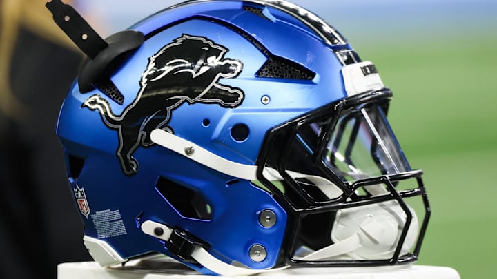 A general view of the Detroit Lions helmet during the game against the New York Giants at Ford Field