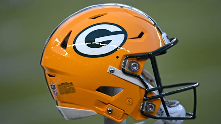 Jan 12, 2025; Philadelphia, Pennsylvania, USA; Green Bay Packers helmet on the sidelines against the Philadelphia Eagles in an NFC wild card game at Lincoln Financial Field. Mandatory Credit: Eric Hartline-Imagn Images