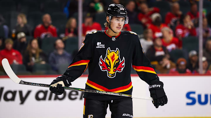 Mar 3, 2026; Calgary, Alberta, CAN; Calgary Flames defenseman Zach Whitecloud (28) against the Dallas Stars during the third period at Scotiabank Saddledome. Mandatory Credit: Sergei Belski-Imagn Images
