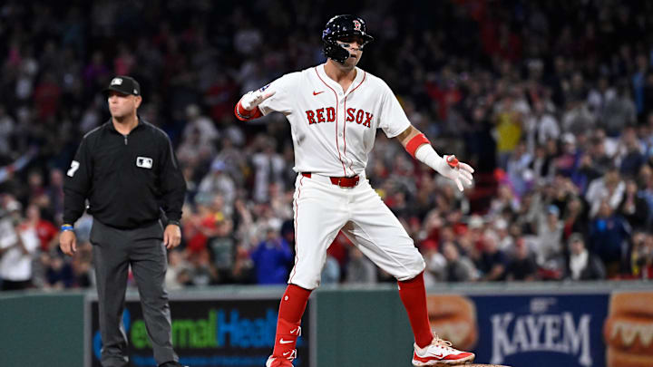 Jul 10, 2025; Boston, Massachusetts, USA; Boston Red Sox third baseman Marcelo Mayer (39) reacts to hitting a one run RBI against the Tampa Bay Rays during the seventh inning at Fenway Park. Mandatory Credit: Eric Canha-Imagn Images Jul 10, 2025; Boston, Massachusetts, USA; Boston Red Sox third baseman Marcelo Mayer (39) reacts to hitting a one run RBI against the Tampa Bay Rays during the seventh inning at Fenway Park. Mandatory Credit: Eric Canha-Imagn Images