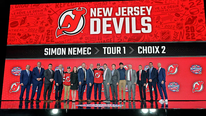 Simon Nemec after being selected as the number two overall pick to the New Jersey Devils: Eric Bolte-Imagn Images