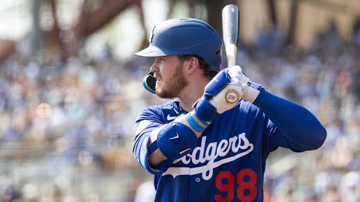 Feb 23, 2026; Phoenix, Arizona, USA; Los Angeles Dodgers first baseman James Tibbs III against the Seattle Mariners during a spring training game at Camelback Ranch-Glendale. Mandatory Credit: Mark J. Rebilas-Imagn Images
