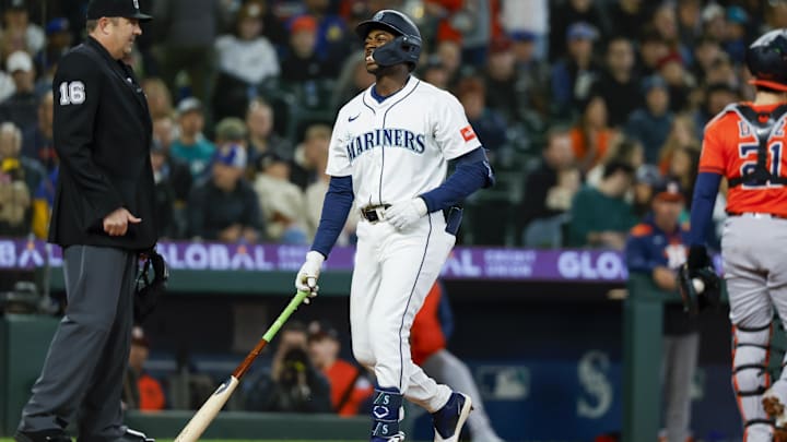 Seattle Mariners second baseman Ryan Bliss reacts after striking out during a game against the Houston Astros on April 8 at T-Mobile Park. Seattle Mariners second baseman Ryan Bliss reacts after striking out during a game against the Houston Astros on April 8 at T-Mobile Park.