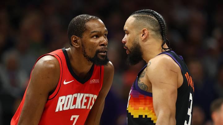 Apr 7, 2026; Phoenix, Arizona, USA; Houston Rockets forward Kevin Durant (7) argues with Phoenix Suns forward Dillon Brooks (3) in the first half at Mortgage Matchup Center. Mandatory Credit: Mark J. Rebilas-Imagn Images Apr 7, 2026; Phoenix, Arizona, USA; Houston Rockets forward Kevin Durant (7) argues with Phoenix Suns forward Dillon Brooks (3) in the first half at Mortgage Matchup Center. Mandatory Credit: Mark J. Rebilas-Imagn Images