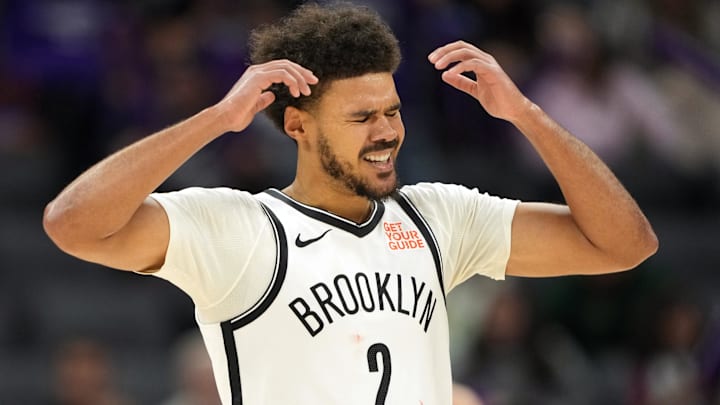 Nov 24, 2024; Sacramento, California, USA; Brooklyn Nets forward Cameron Johnson (2) reacts after a turnover against the Sacramento Kings during the third quarter at Golden 1 Center. Mandatory Credit: Darren Yamashita-Imagn Images