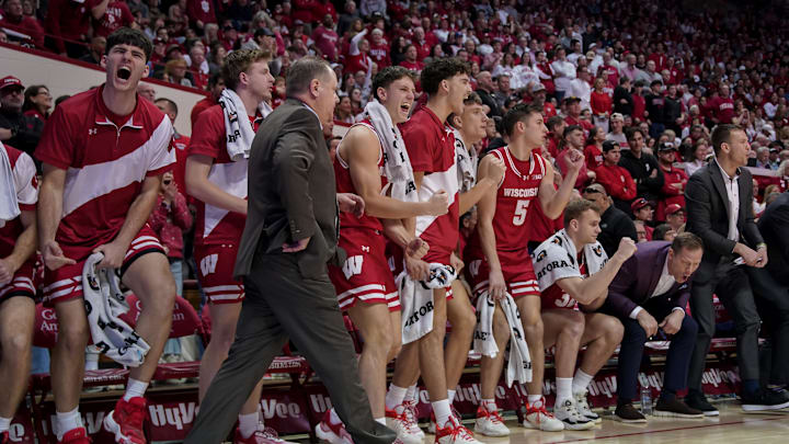 Feb 7, 2026; Bloomington, Indiana, USA; The Wisconsin Badgers bench celebrate against the Indiana Hoosiers during the second half at Simon Skjodt Assembly Hall. Mandatory Credit: Robert Goddin-Imagn Images