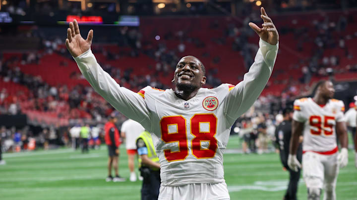 Sep 22, 2024; Atlanta, Georgia, USA; Kansas City Chiefs defensive tackle Tershawn Wharton (98) celebrates after a victory over the Atlanta Falcons at Mercedes-Benz Stadium. Mandatory Credit: Brett Davis-Imagn Images