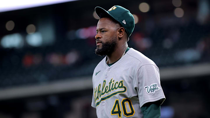 May 28, 2025; Houston, Texas, USA; Athletics starting pitcher Luis Severino (40) prior to the game against the Houston Astros at Daikin Park. Mandatory Credit: Erik Williams-Imagn Images May 28, 2025; Houston, Texas, USA; Athletics starting pitcher Luis Severino (40) prior to the game against the Houston Astros at Daikin Park. Mandatory Credit: Erik Williams-Imagn Images
