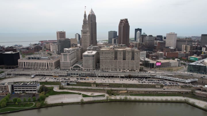 Apr 28, 2021; Cleveland, Ohio, USA; A general aerial view of the downtown skyline and Cuyahoga River prior to the 2021 NFL Draft.