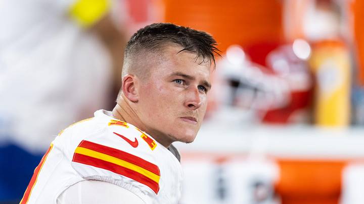 Kansas City Chiefs quarterback Bailey Zappe (14) against the Arizona Cardinals during a preseason NFL game at State Farm Stadium.