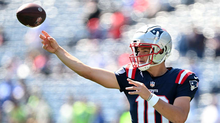 Sep 15, 2024; Foxborough, Massachusetts, USA; New England Patriots quarterback Drake Maye (10) throws the ball before a game against the Seattle Seahawks Gillette Stadium. Mandatory Credit: Brian Fluharty-Imagn Images