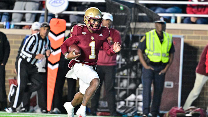 Oct 25, 2024; Chestnut Hill, Massachusetts, USA; Boston College Eagles quarterback Thomas Castellanos (1) runs the ball against the Louisville Cardinals during the first half at Alumni Stadium. Mandatory Credit: Eric Canha-Imagn Images