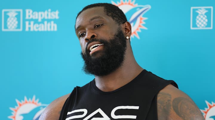 Miami Dolphins offensive tackle Terron Armstead (72) talks to reporters after joint practice with the Washington Commanders at Baptist Health Training Complex last summer.