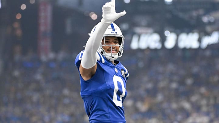 Aug 16, 2025; Indianapolis, Indiana, USA; Indianapolis Colts safety Cam Bynum (0) celebrates after a defensive stop during the first half against the Green Bay Packers at Lucas Oil Stadium. Mandatory Credit: Robert Goddin-Imagn Images