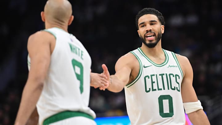 Apr 3, 2026; Milwaukee, Wisconsin, USA; Boston Celtics forward Jayson Tatum (0) reacts with guard Derrick White (9) after scoring a basket against the Milwaukee Bucks at Fiserv Forum. Mandatory Credit: Benny Sieu-Imagn Images Apr 3, 2026; Milwaukee, Wisconsin, USA; Boston Celtics forward Jayson Tatum (0) reacts with guard Derrick White (9) after scoring a basket against the Milwaukee Bucks at Fiserv Forum. Mandatory Credit: Benny Sieu-Imagn Images