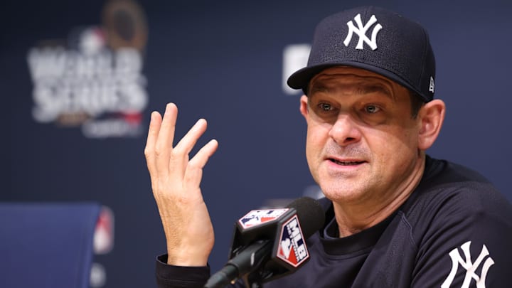 Oct 25, 2024; Los Angeles, California, USA; New York Yankees manager Aaron Boone (17) talks with the media before the game against the Los Angeles Dodgers during game one of the 2024 MLB World Series at Dodger Stadium. Mandatory Credit:  Kiyoshi Mio-Imagn Images