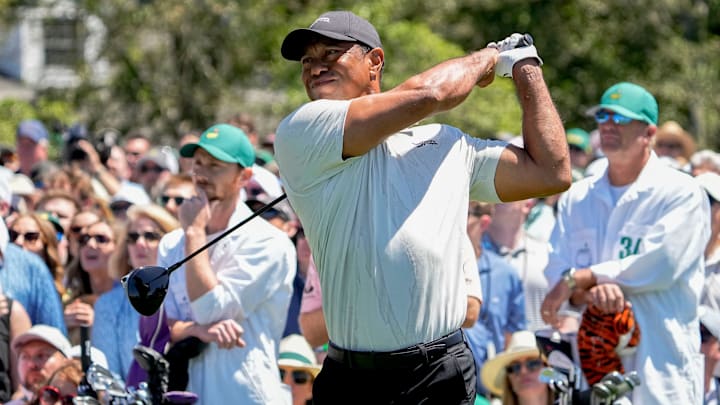 Tiger Woods tees off on No. 1 during the third round.
