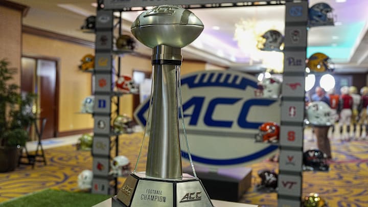 Jul 22, 2024; Charlotte, NC, USA; The ACC Football Championship trophy is seen during the ACC Kickoff at Hilton Charlotte Uptown. Mandatory Credit: Jim Dedmon-Imagn Images Jul 22, 2024; Charlotte, NC, USA; The ACC Football Championship trophy is seen during the ACC Kickoff at Hilton Charlotte Uptown. Mandatory Credit: Jim Dedmon-Imagn Images