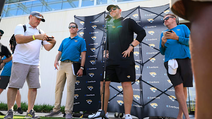Jacksonville Jaguars head coach Liam Coen speaks to members of the media during the second mandatory minicamp at Miller Electric Center Wednesday, June 11, 2025 in Jacksonville, Fla.