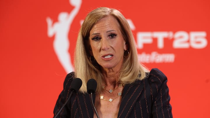Apr 14, 2025; New York, New York, USA; WNBA commissioner Cathy Engelbert talks to the media before the 2025 WNBA Draft at The Shed at Hudson Yards. Mandatory Credit: Vincent Carchietta-Imagn Images Apr 14, 2025; New York, New York, USA; WNBA commissioner Cathy Engelbert talks to the media before the 2025 WNBA Draft at The Shed at Hudson Yards. Mandatory Credit: Vincent Carchietta-Imagn Images