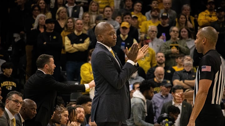 Feb. 9, 2025; Columbia, Missouri, USA; Missouri Tigers head coach Dennis Gates during against the Texas A&M Aggies at Mizzou Arena. Feb. 9, 2025; Columbia, Missouri, USA; Missouri Tigers head coach Dennis Gates during against the Texas A&M Aggies at Mizzou Arena.