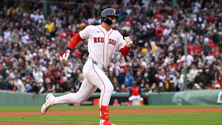 Apr 4, 2026; Foxborough, Massachusetts, USA; Boston Red Sox designated hitter Roman Anthony (19) runs to third base during the fifth inning against the San Diego Padres at Fenway Park. Mandatory Credit: Eric Canha-Imagn Images