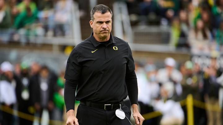 Nov 27, 2021; Eugene, Oregon, USA; Oregon Ducks head coach Mario Cristobal walks the field before a game against the Oregon State Beavers at Autzen Stadium. Mandatory Credit: Troy Wayrynen-USA TODAY Sports Nov 27, 2021; Eugene, Oregon, USA; Oregon Ducks head coach Mario Cristobal walks the field before a game against the Oregon State Beavers at Autzen Stadium. Mandatory Credit: Troy Wayrynen-USA TODAY Sports