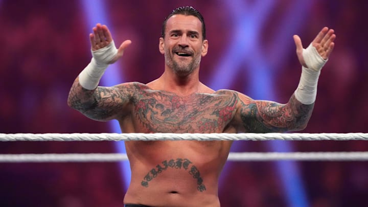 Jan 27, 2024; St. Petersburg, FL, USA; CM Punk reacts during the Men's Royal Rumble match
