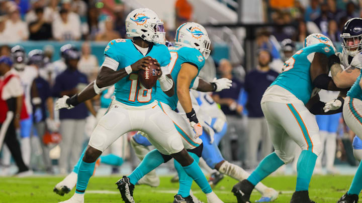 Sep 30, 2024; Miami Gardens, Florida, USA; Miami Dolphins quarterback Tyler Huntley (18) looks for a passing option against the Tennessee Titans during the second quarter at Hard Rock Stadium. 