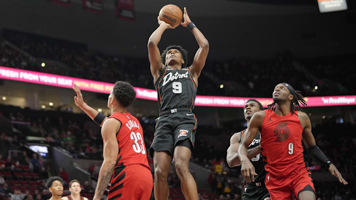 Feb 8, 2024; Portland, Oregon, USA; Detroit Pistons forward Ausar Thompson (9) shoots the ball during the first half against the Portland Trail Blazers at Moda Center. Mandatory Credit: Soobum Im-Imagn Images