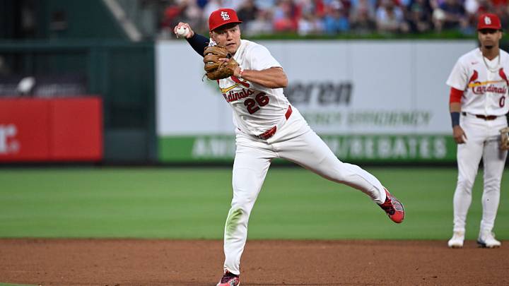 Jul 29, 2026; St. Louis, Missouri, USA; St. Louis Cardinals second baseman JJ Wetherholt (26) throws out Chicago Cubs right fielder Seiya Suzuki (27) (not pictured) at first base in the sixth inning at Busch Stadium. Mandatory Credit: Joe Puetz-Imagn Images Jul 29, 2026; St. Louis, Missouri, USA; St. Louis Cardinals second baseman JJ Wetherholt (26) throws out Chicago Cubs right fielder Seiya Suzuki (27) (not pictured) at first base in the sixth inning at Busch Stadium. Mandatory Credit: Joe Puetz-Imagn Images