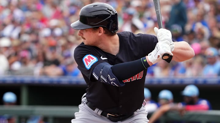 Mar 12, 2024; Surprise, Arizona, USA; Cleveland Guardians designated hitter Kyle Manzardo (73) bats
