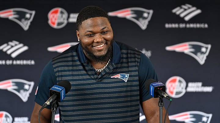Mar 13, 2025; Foxborough, MA, USA; New England Patriots defensive tackle Milton Williams discusses his recent free agent addition to the Patriots with the media at Gillette Stadium. Mandatory Credit: Eric Canha-Imagn Images