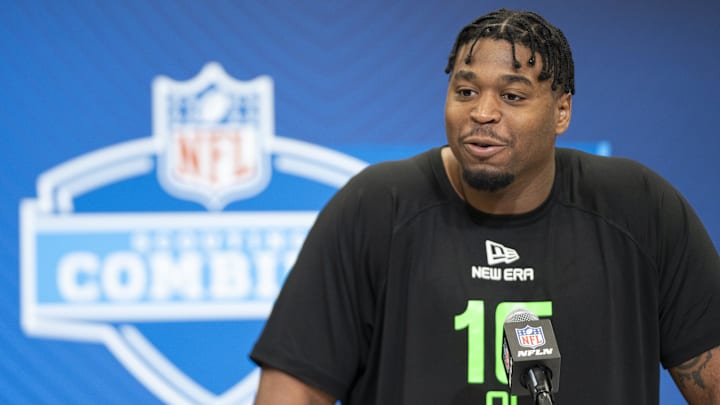 Mar 1, 2025; Indianapolis, IN, USA; William & Mary offensive lineman Grant Charles (OL16) answers questions at a press conference during the 2025 NFL Combine at Indiana Convention Center. Mandatory Credit: Jacob Musselman-Imagn Images