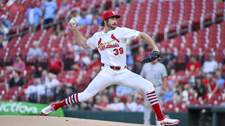 Aug 11, 2025; St. Louis, Missouri, USA; St. Louis Cardinals starting pitcher Miles Mikolas (39) pitches against the Colorado Rockies during the first inning at Busch Stadium. Mandatory Credit: Jeff Curry-Imagn Images Aug 11, 2025; St. Louis, Missouri, USA; St. Louis Cardinals starting pitcher Miles Mikolas (39) pitches against the Colorado Rockies during the first inning at Busch Stadium. Mandatory Credit: Jeff Curry-Imagn Images