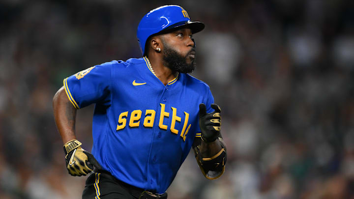 May 1, 2026; Seattle, Washington, USA; Seattle Mariners left fielder Randy Arozarena (56) runs the bases after hitting a home run against the Kansas City Royals during the sixth inning at T-Mobile Park. Mandatory Credit: Steven Bisig-Imagn Images
